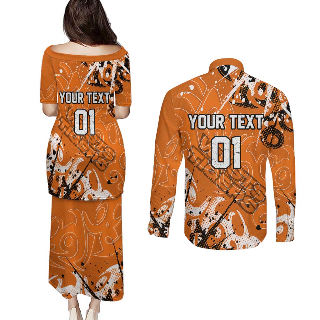 Personalized Wests Tigers Rugby Couples Matching Puletasi and Long Sleeve Button Shirt Urban Street Graffiti Style - Distressed Splatter Elements