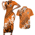 Personalized Wests Tigers Rugby Couples Matching Short Sleeve Bodycon Dress and Hawaiian Shirt Urban Street Graffiti Style - Distressed Splatter Elements