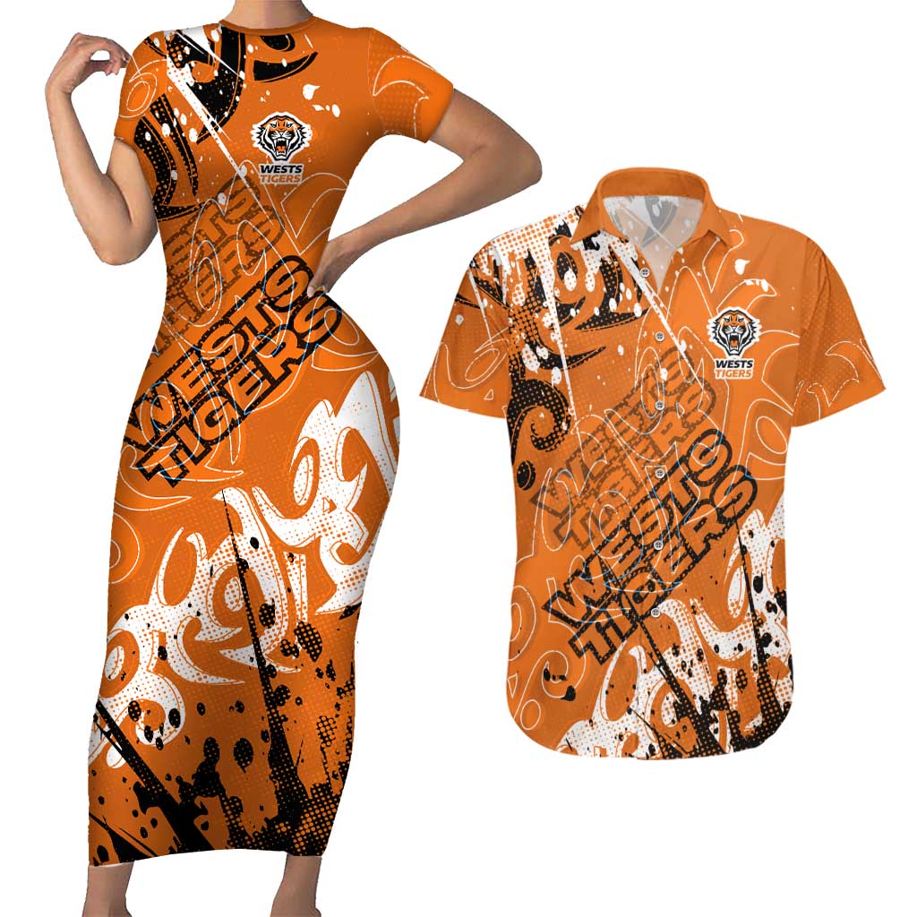 Personalized Wests Tigers Rugby Couples Matching Short Sleeve Bodycon Dress and Hawaiian Shirt Urban Street Graffiti Style - Distressed Splatter Elements