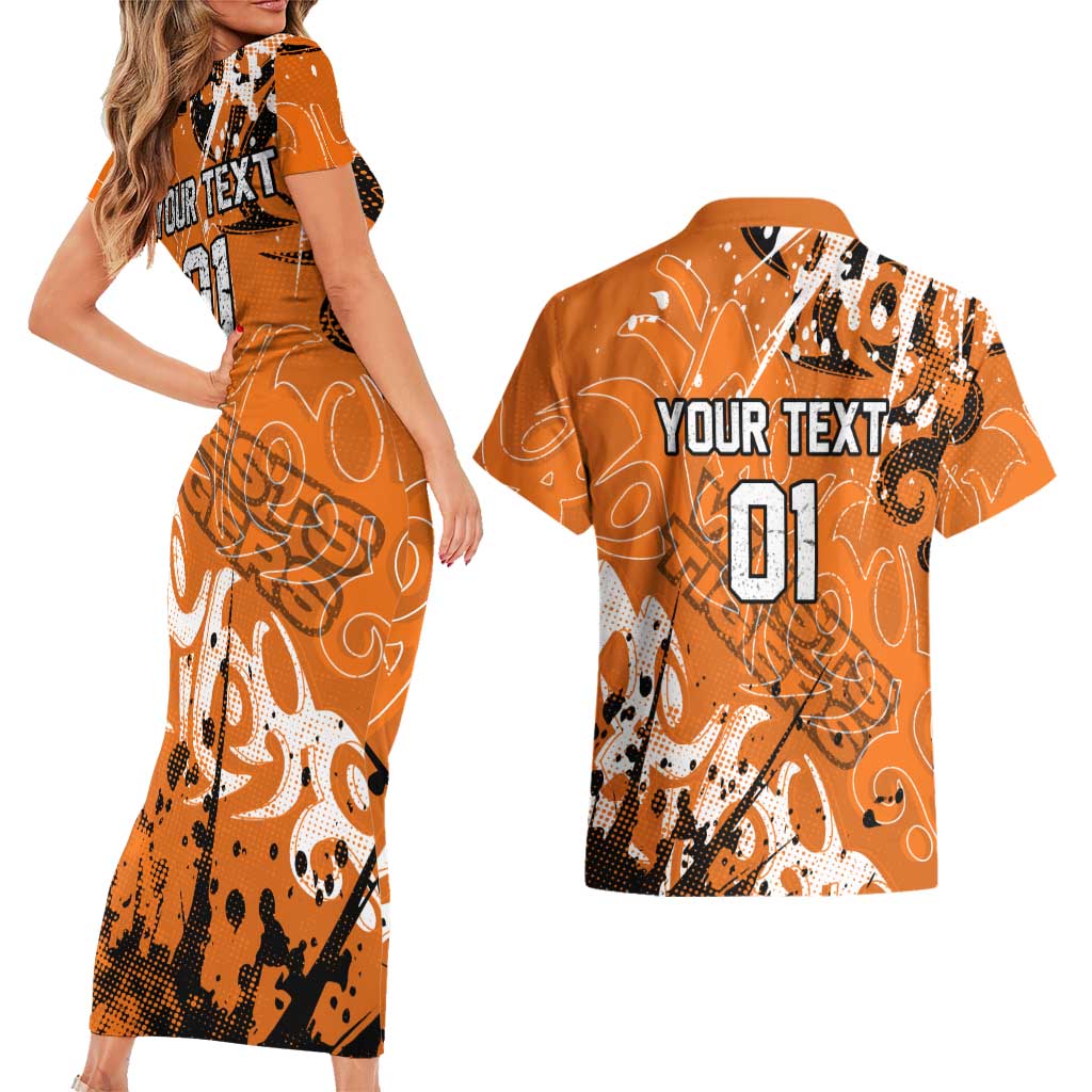 Personalized Wests Tigers Rugby Couples Matching Short Sleeve Bodycon Dress and Hawaiian Shirt Urban Street Graffiti Style - Distressed Splatter Elements