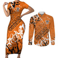 Personalized Wests Tigers Rugby Couples Matching Short Sleeve Bodycon Dress and Long Sleeve Button Shirt Urban Street Graffiti Style - Distressed Splatter Elements