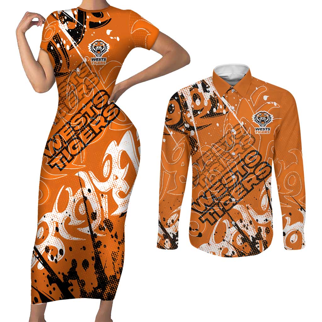 Personalized Wests Tigers Rugby Couples Matching Short Sleeve Bodycon Dress and Long Sleeve Button Shirt Urban Street Graffiti Style - Distressed Splatter Elements