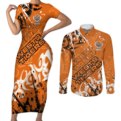 Personalized Wests Tigers Rugby Couples Matching Short Sleeve Bodycon Dress and Long Sleeve Button Shirt Urban Street Graffiti Style - Distressed Splatter Elements