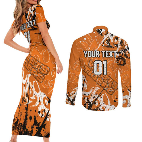Personalized Wests Tigers Rugby Couples Matching Short Sleeve Bodycon Dress and Long Sleeve Button Shirt Urban Street Graffiti Style - Distressed Splatter Elements