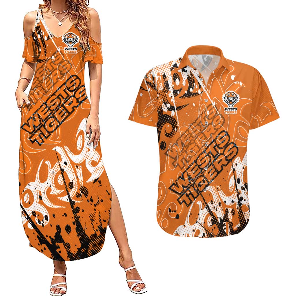 Personalized Wests Tigers Rugby Couples Matching Summer Maxi Dress and Hawaiian Shirt Urban Street Graffiti Style - Distressed Splatter Elements