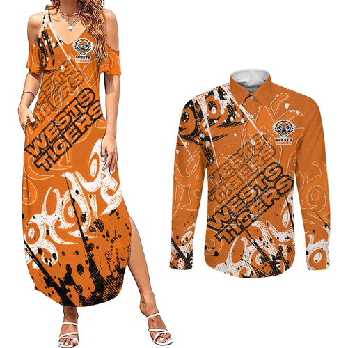 Personalized Wests Tigers Rugby Couples Matching Summer Maxi Dress and Long Sleeve Button Shirt Urban Street Graffiti Style - Distressed Splatter Elements