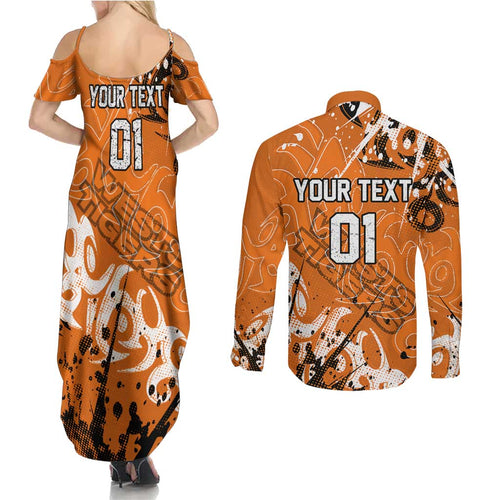 Personalized Wests Tigers Rugby Couples Matching Summer Maxi Dress and Long Sleeve Button Shirt Urban Street Graffiti Style - Distressed Splatter Elements