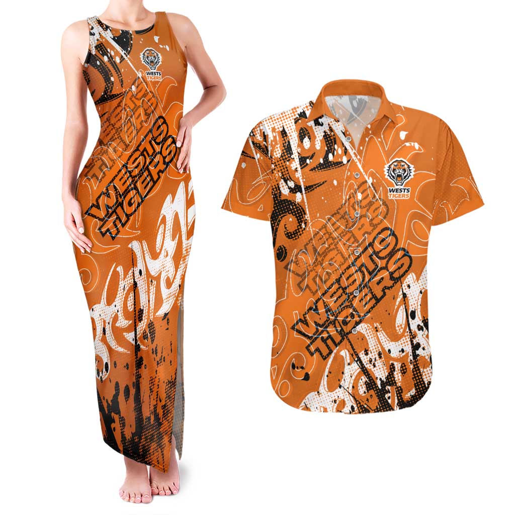 Personalized Wests Tigers Rugby Couples Matching Tank Maxi Dress and Hawaiian Shirt Urban Street Graffiti Style - Distressed Splatter Elements