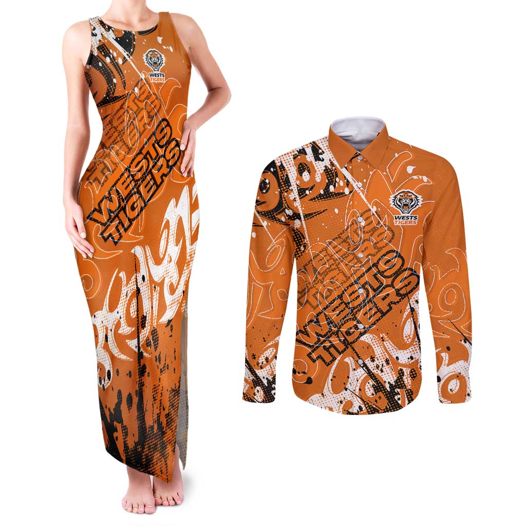 Personalized Wests Tigers Rugby Couples Matching Tank Maxi Dress and Long Sleeve Button Shirt Urban Street Graffiti Style - Distressed Splatter Elements