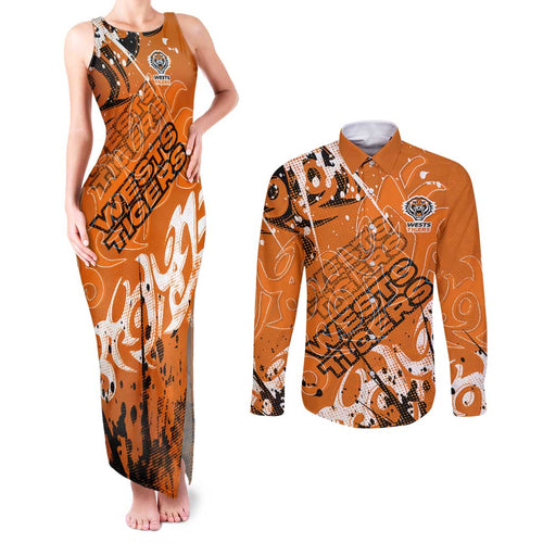 Personalized Wests Tigers Rugby Couples Matching Tank Maxi Dress and Long Sleeve Button Shirt Urban Street Graffiti Style - Distressed Splatter Elements