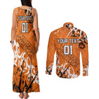 Personalized Wests Tigers Rugby Couples Matching Tank Maxi Dress and Long Sleeve Button Shirt Urban Street Graffiti Style - Distressed Splatter Elements