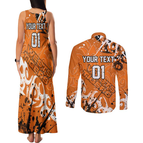 Personalized Wests Tigers Rugby Couples Matching Tank Maxi Dress and Long Sleeve Button Shirt Urban Street Graffiti Style - Distressed Splatter Elements