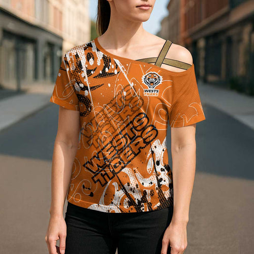 Personalized Wests Tigers Rugby Cross Shoulder Shirt Urban Street Graffiti Style - Distressed Splatter Elements