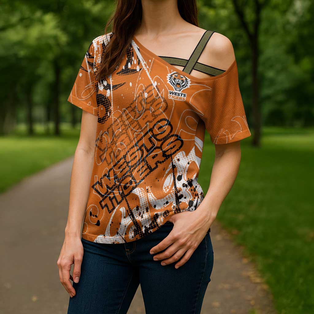 Personalized Wests Tigers Rugby Cross Shoulder Shirt Urban Street Graffiti Style - Distressed Splatter Elements