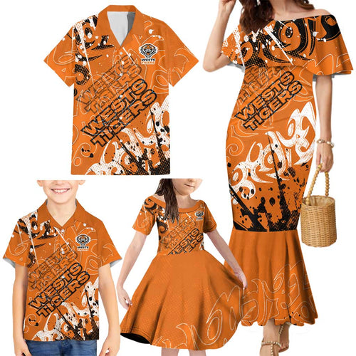 Personalized Wests Tigers Rugby Family Matching Mermaid Dress and Hawaiian Shirt Urban Street Graffiti Style - Distressed Splatter Elements