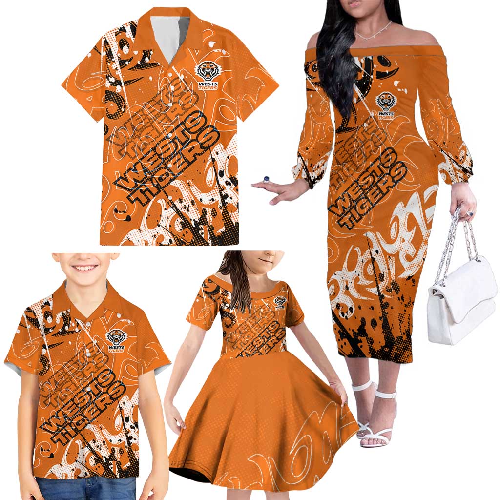 Personalized Wests Tigers Rugby Family Matching Off The Shoulder Long Sleeve Dress and Hawaiian Shirt Urban Street Graffiti Style - Distressed Splatter Elements