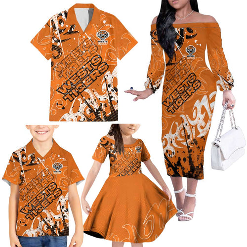 Personalized Wests Tigers Rugby Family Matching Off The Shoulder Long Sleeve Dress and Hawaiian Shirt Urban Street Graffiti Style - Distressed Splatter Elements