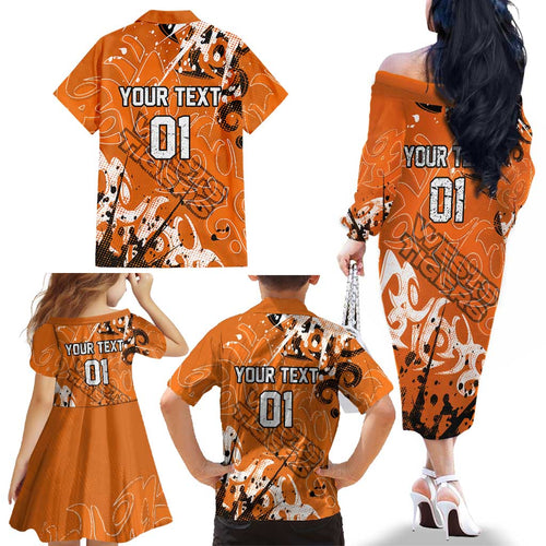 Personalized Wests Tigers Rugby Family Matching Off The Shoulder Long Sleeve Dress and Hawaiian Shirt Urban Street Graffiti Style - Distressed Splatter Elements