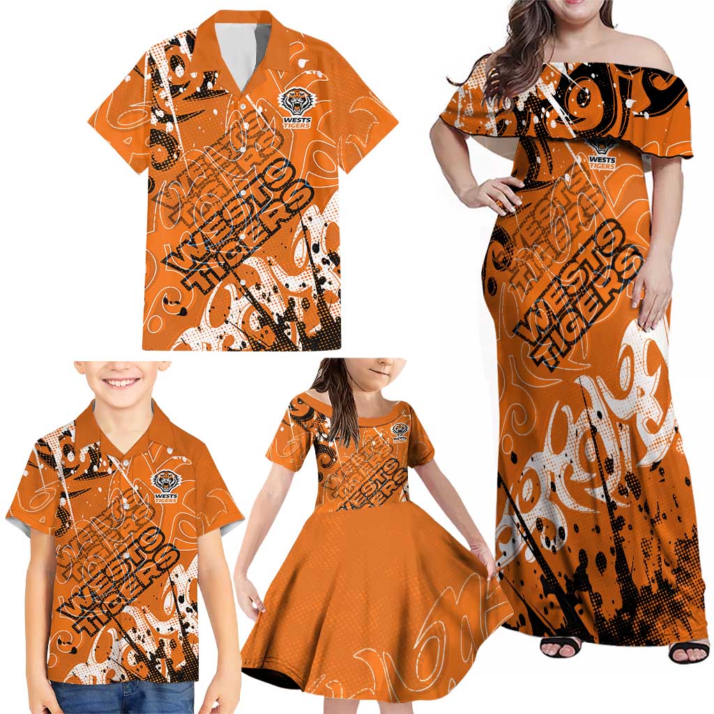 Personalized Wests Tigers Rugby Family Matching Off Shoulder Maxi Dress and Hawaiian Shirt Urban Street Graffiti Style - Distressed Splatter Elements