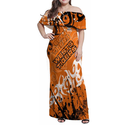 Personalized Wests Tigers Rugby Family Matching Off Shoulder Maxi Dress and Hawaiian Shirt Urban Street Graffiti Style - Distressed Splatter Elements
