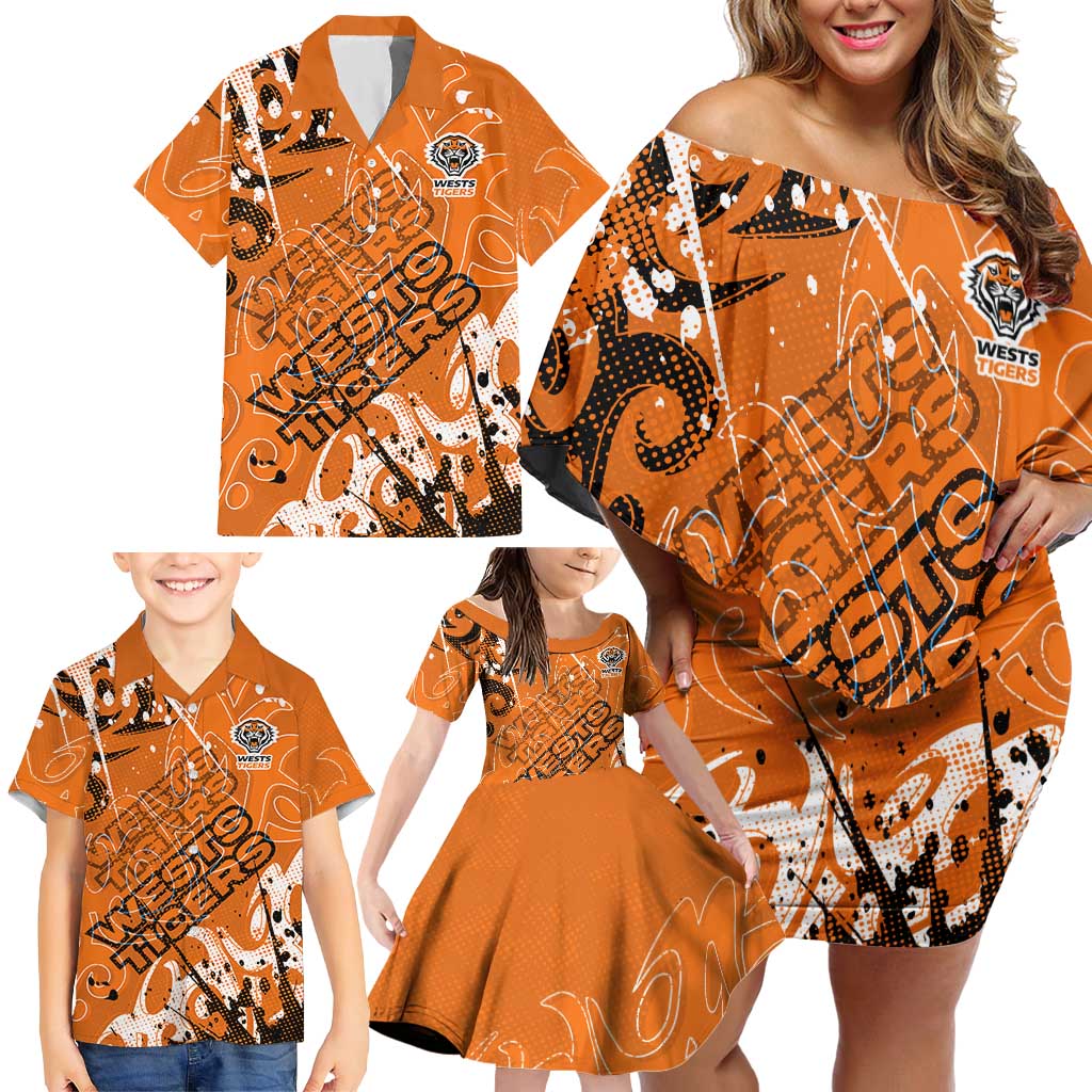 Personalized Wests Tigers Rugby Family Matching Off Shoulder Short Dress and Hawaiian Shirt Urban Street Graffiti Style - Distressed Splatter Elements