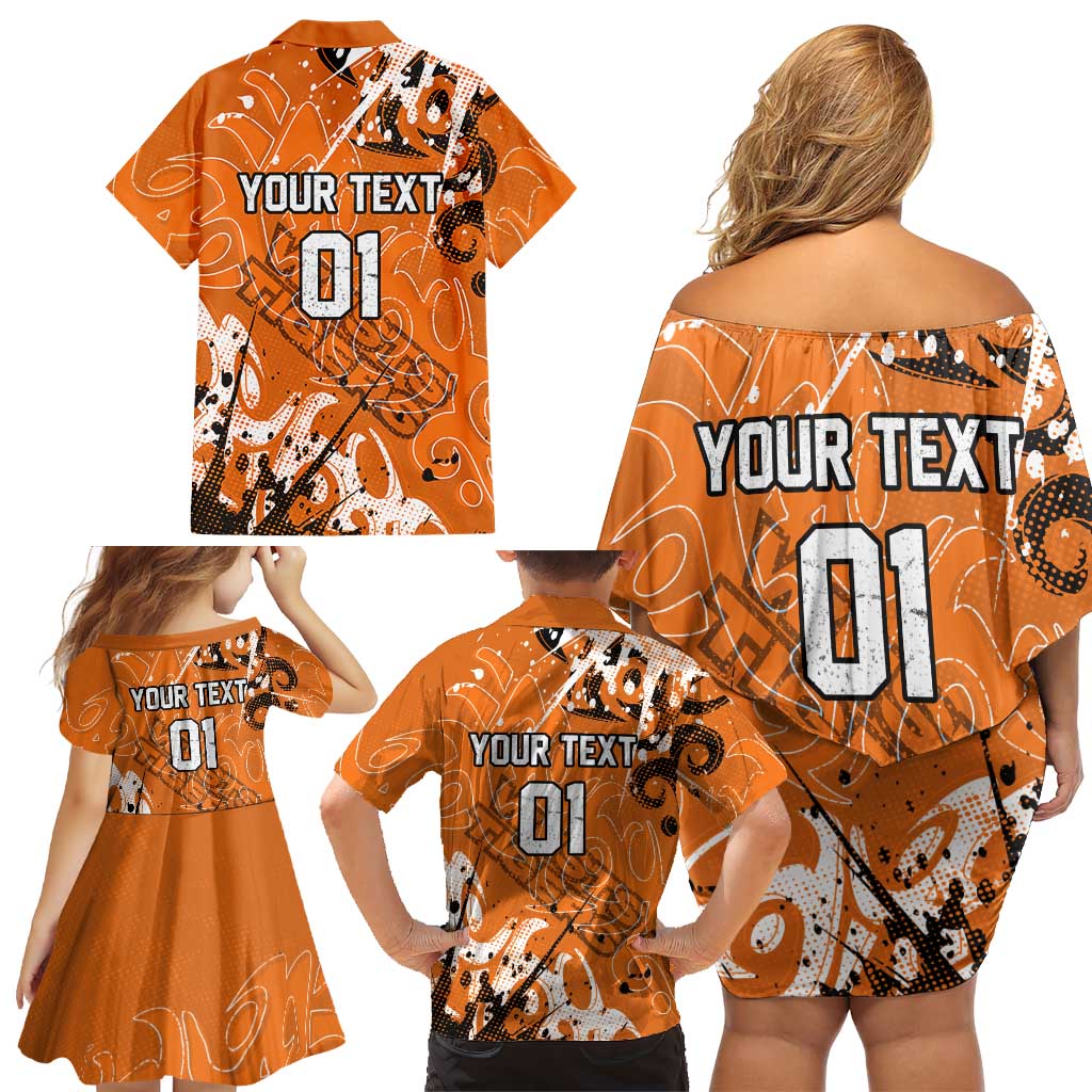 Personalized Wests Tigers Rugby Family Matching Off Shoulder Short Dress and Hawaiian Shirt Urban Street Graffiti Style - Distressed Splatter Elements