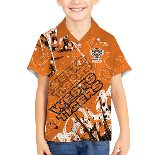 Personalized Wests Tigers Rugby Family Matching Off Shoulder Short Dress and Hawaiian Shirt Urban Street Graffiti Style - Distressed Splatter Elements