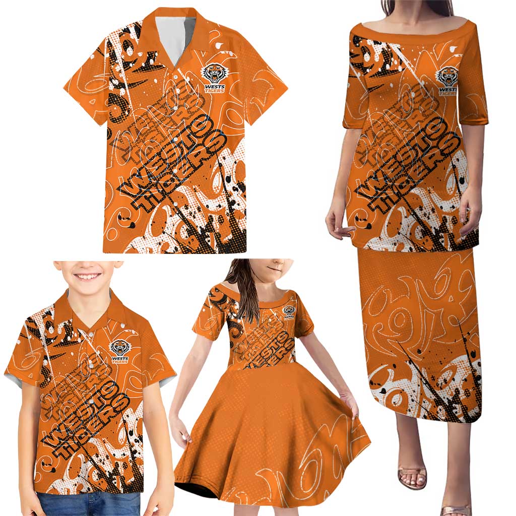 Personalized Wests Tigers Rugby Family Matching Puletasi and Hawaiian Shirt Urban Street Graffiti Style - Distressed Splatter Elements