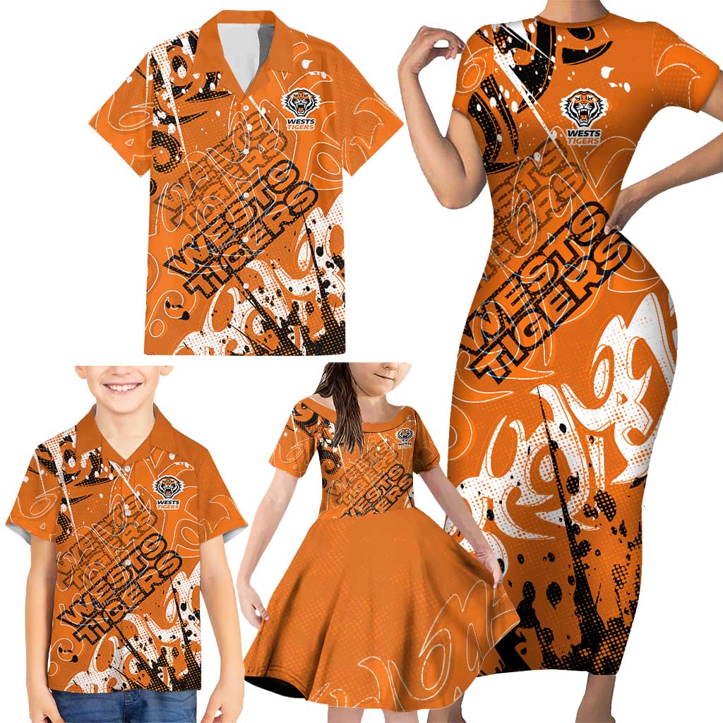 Personalized Wests Tigers Rugby Family Matching Short Sleeve Bodycon Dress and Hawaiian Shirt Urban Street Graffiti Style - Distressed Splatter Elements