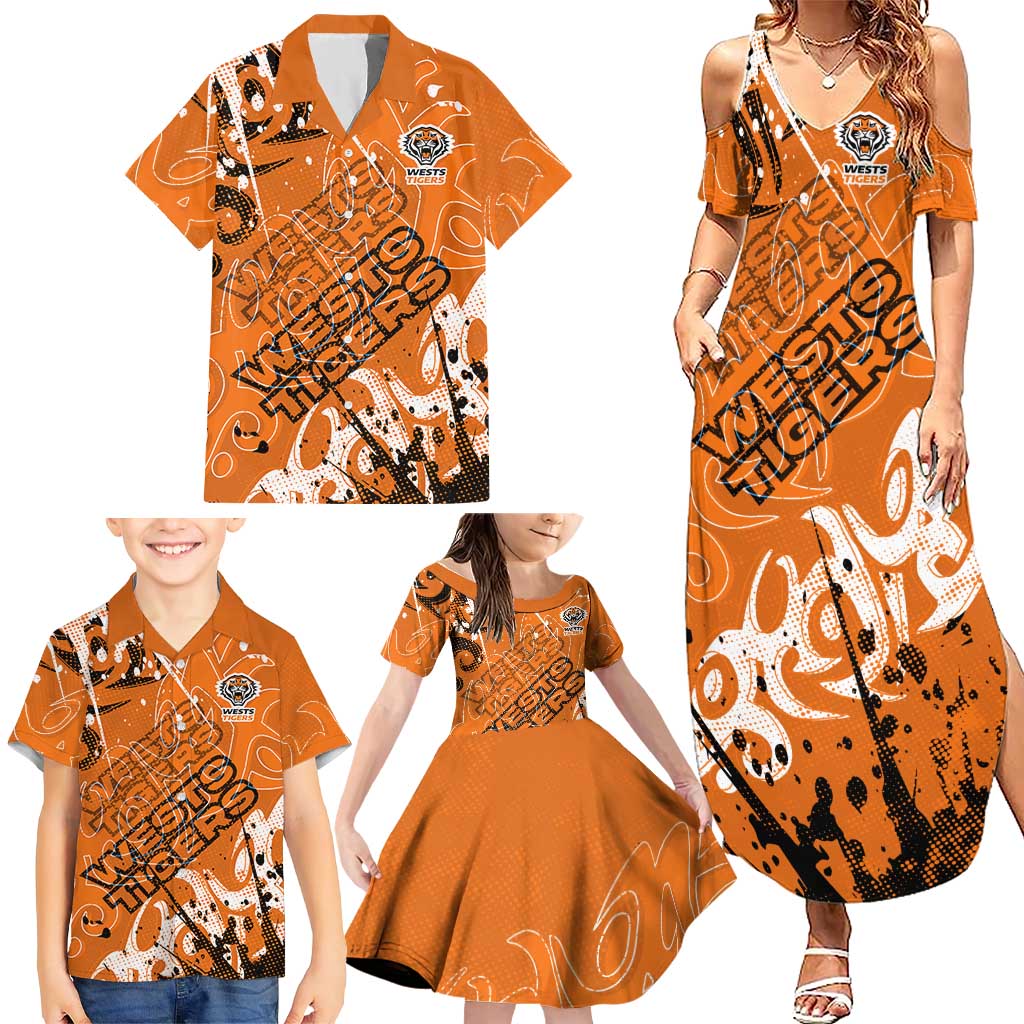 Personalized Wests Tigers Rugby Family Matching Summer Maxi Dress and Hawaiian Shirt Urban Street Graffiti Style - Distressed Splatter Elements