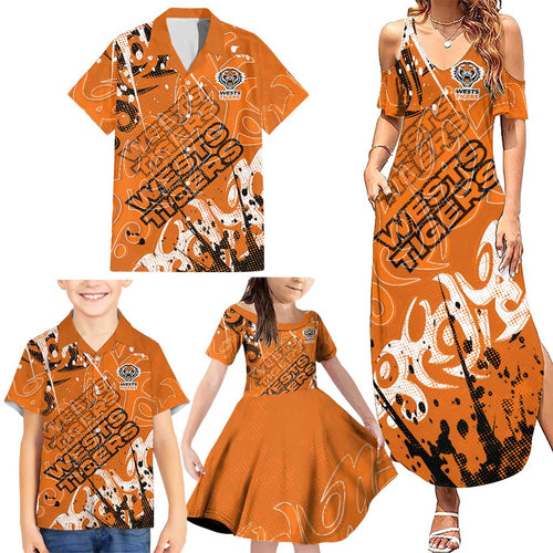 Personalized Wests Tigers Rugby Family Matching Summer Maxi Dress and Hawaiian Shirt Urban Street Graffiti Style - Distressed Splatter Elements