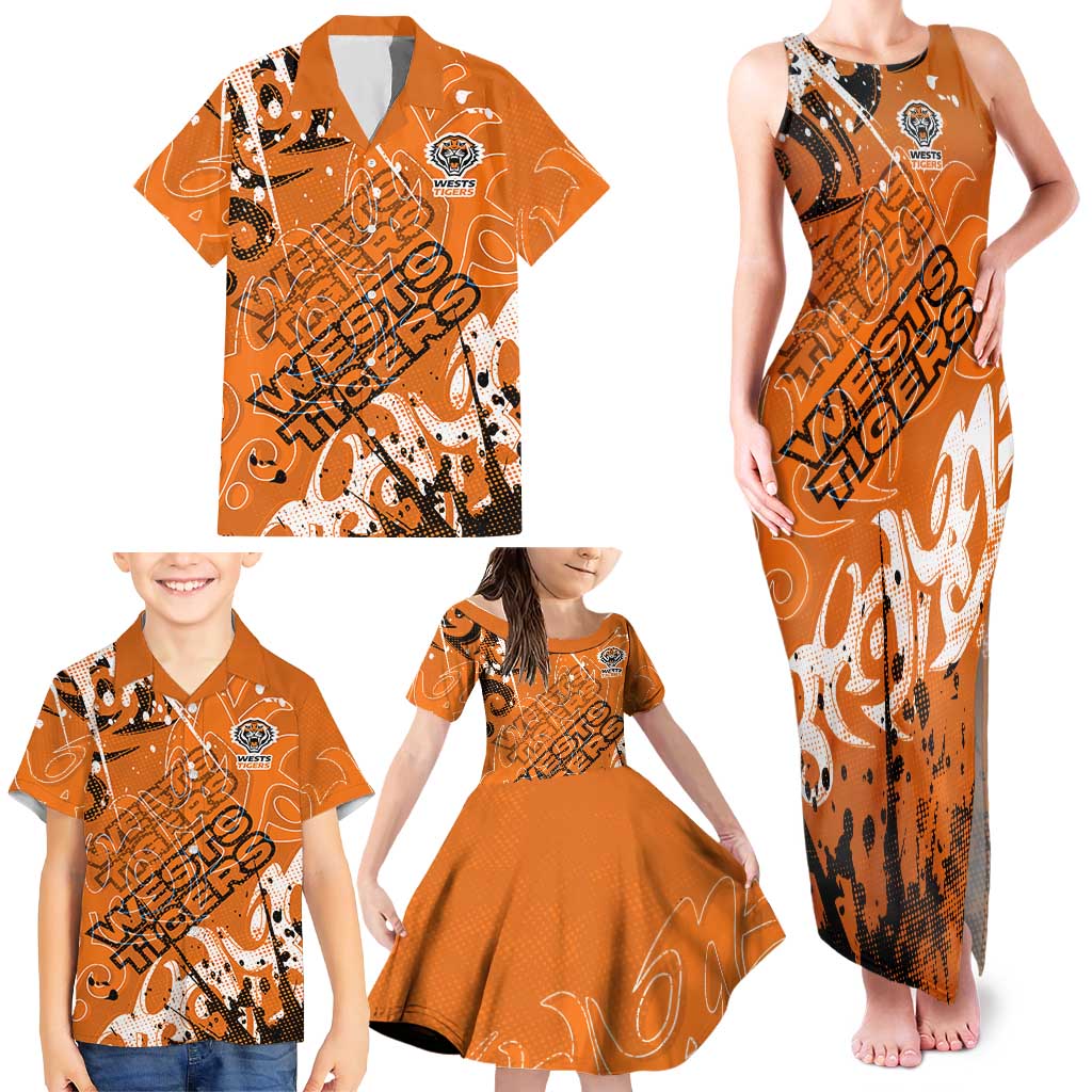 Personalized Wests Tigers Rugby Family Matching Tank Maxi Dress and Hawaiian Shirt Urban Street Graffiti Style - Distressed Splatter Elements
