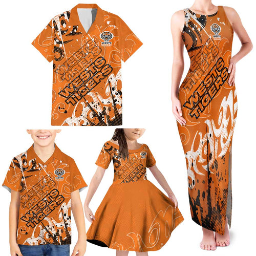 Personalized Wests Tigers Rugby Family Matching Tank Maxi Dress and Hawaiian Shirt Urban Street Graffiti Style - Distressed Splatter Elements