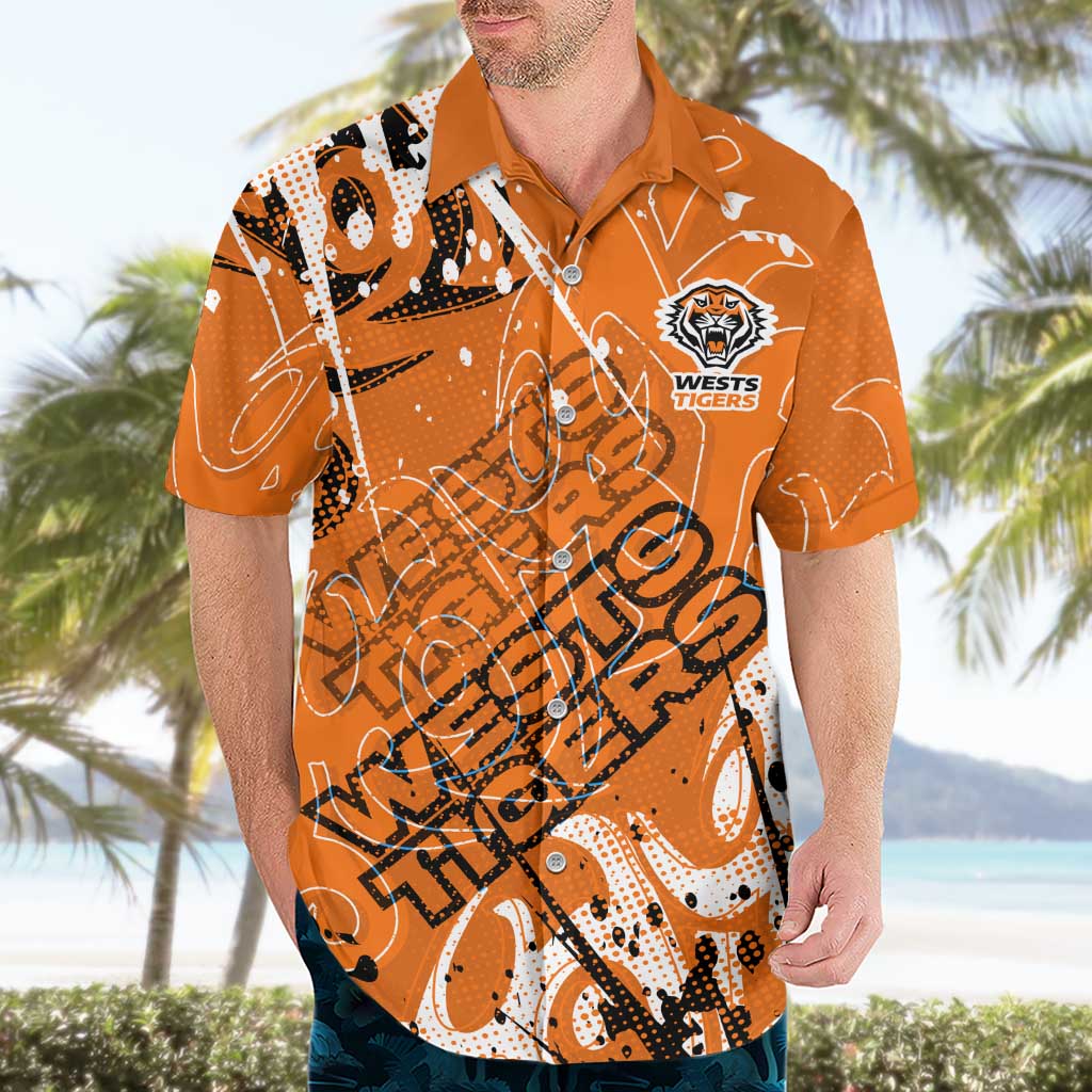 Personalized Wests Tigers Rugby Hawaiian Shirt Urban Street Graffiti Style - Distressed Splatter Elements
