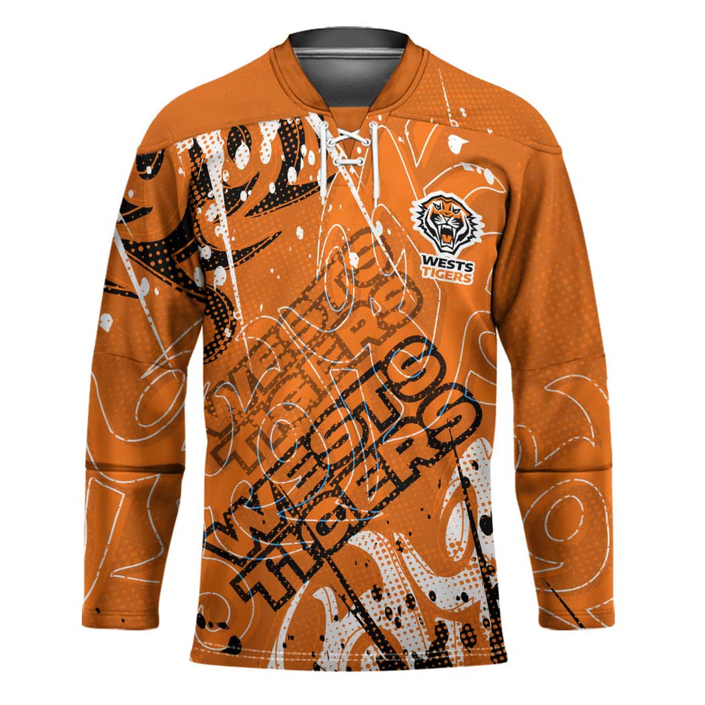 Personalized Wests Tigers Rugby Hockey Jersey Urban Street Graffiti Style - Distressed Splatter Elements