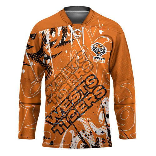 Personalized Wests Tigers Rugby Hockey Jersey Urban Street Graffiti Style - Distressed Splatter Elements