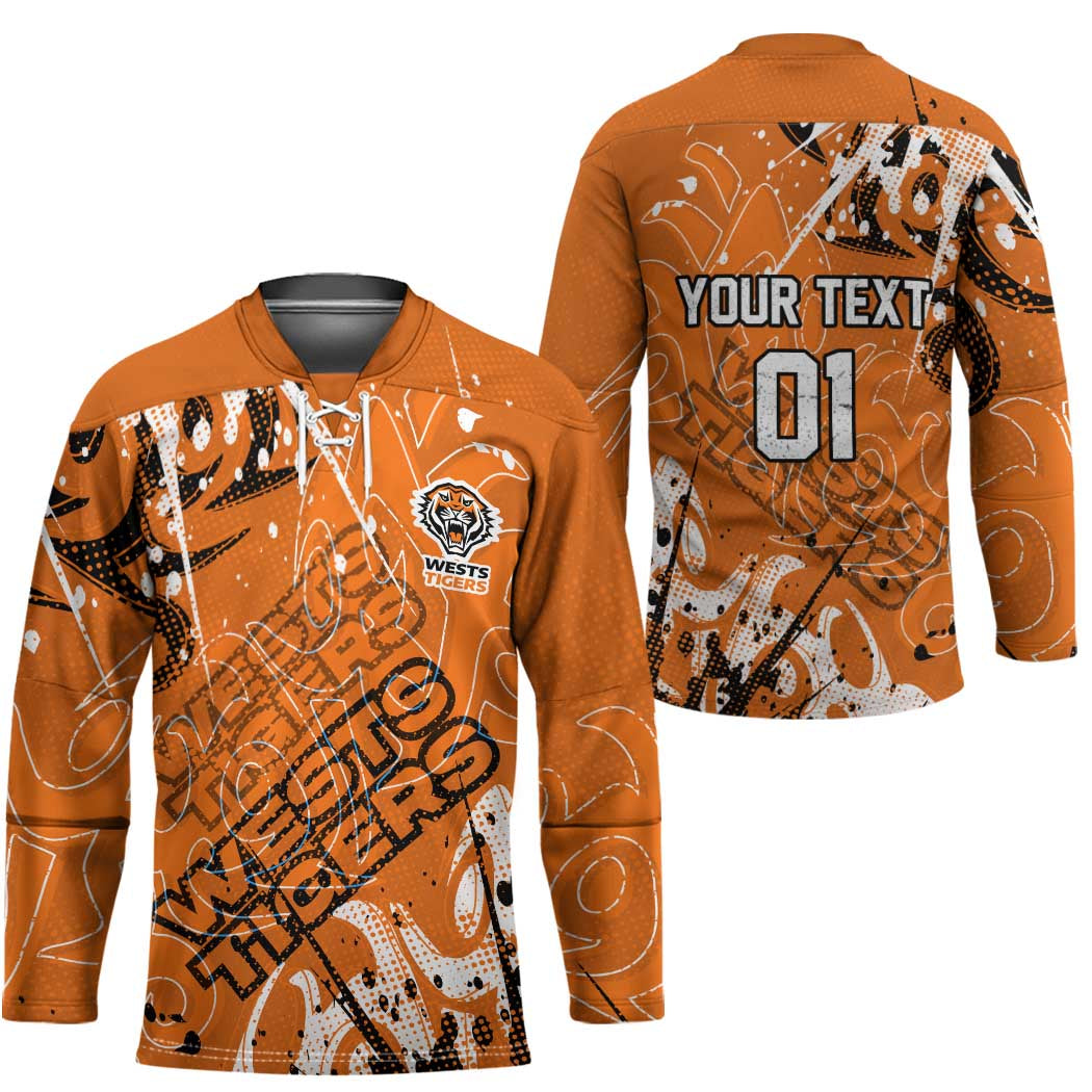 Personalized Wests Tigers Rugby Hockey Jersey Urban Street Graffiti Style - Distressed Splatter Elements