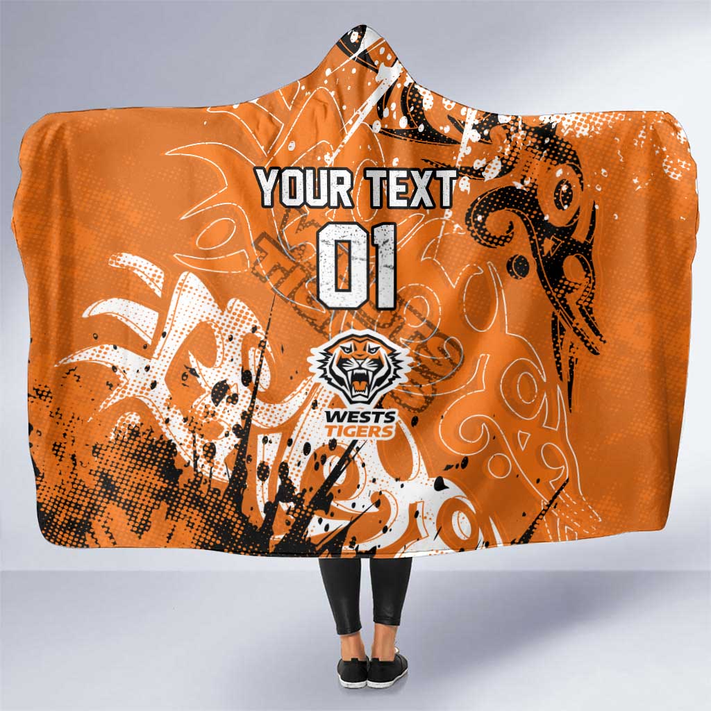 Personalized Wests Tigers Rugby Hooded Blanket Urban Street Graffiti Style - Distressed Splatter Elements