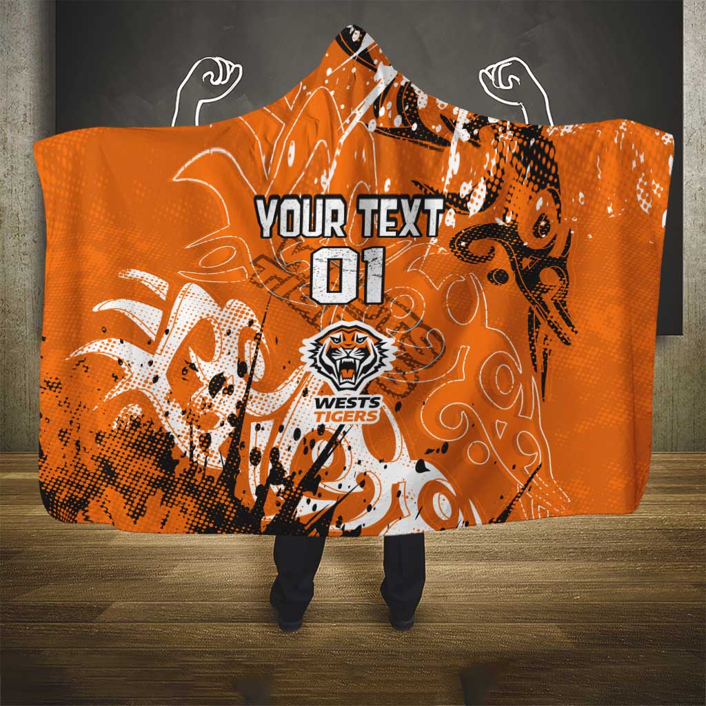 Personalized Wests Tigers Rugby Hooded Blanket Urban Street Graffiti Style - Distressed Splatter Elements
