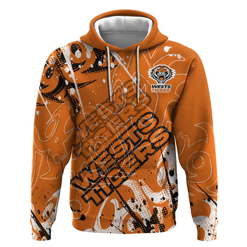Personalized Wests Tigers Rugby Hoodie Urban Street Graffiti Style - Distressed Splatter Elements