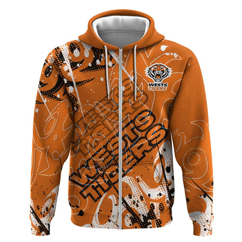Personalized Wests Tigers Rugby Hoodie Urban Street Graffiti Style - Distressed Splatter Elements