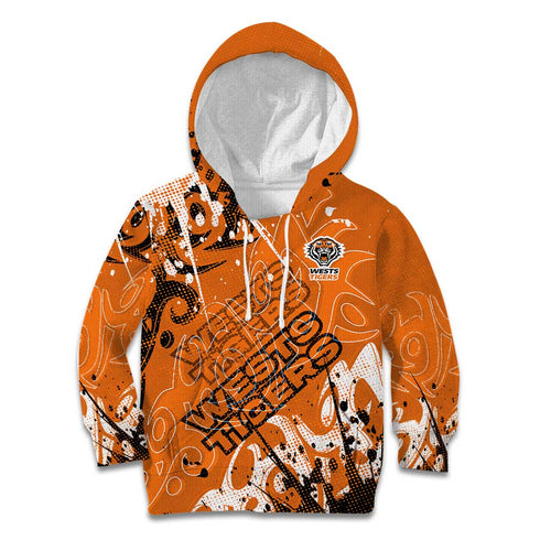 Personalized Wests Tigers Rugby Kid Hoodie Urban Street Graffiti Style - Distressed Splatter Elements