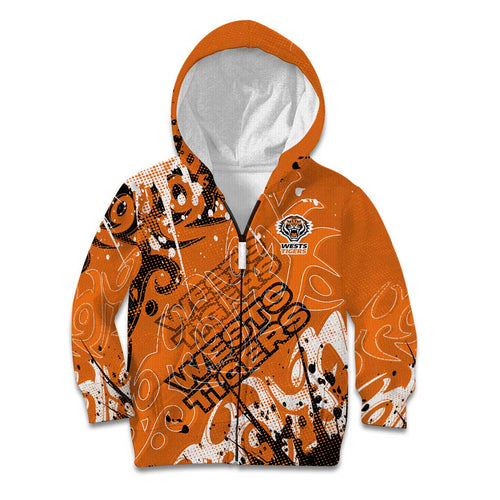 Personalized Wests Tigers Rugby Kid Hoodie Urban Street Graffiti Style - Distressed Splatter Elements