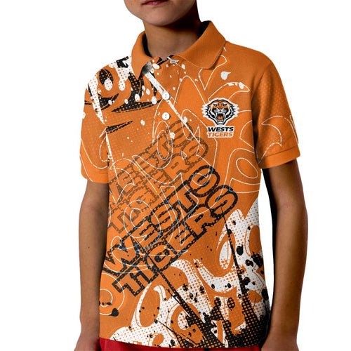 Personalized Wests Tigers Rugby Kid Polo Shirt Urban Street Graffiti Style - Distressed Splatter Elements