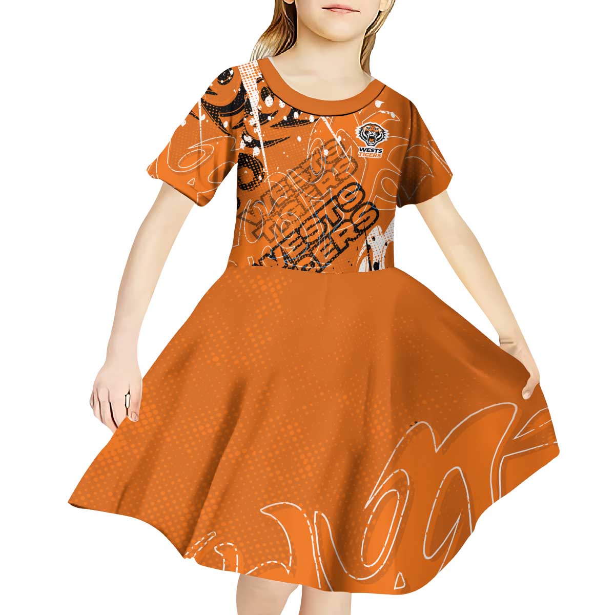 Personalized Wests Tigers Rugby Kid Short Sleeve Dress Urban Street Graffiti Style - Distressed Splatter Elements