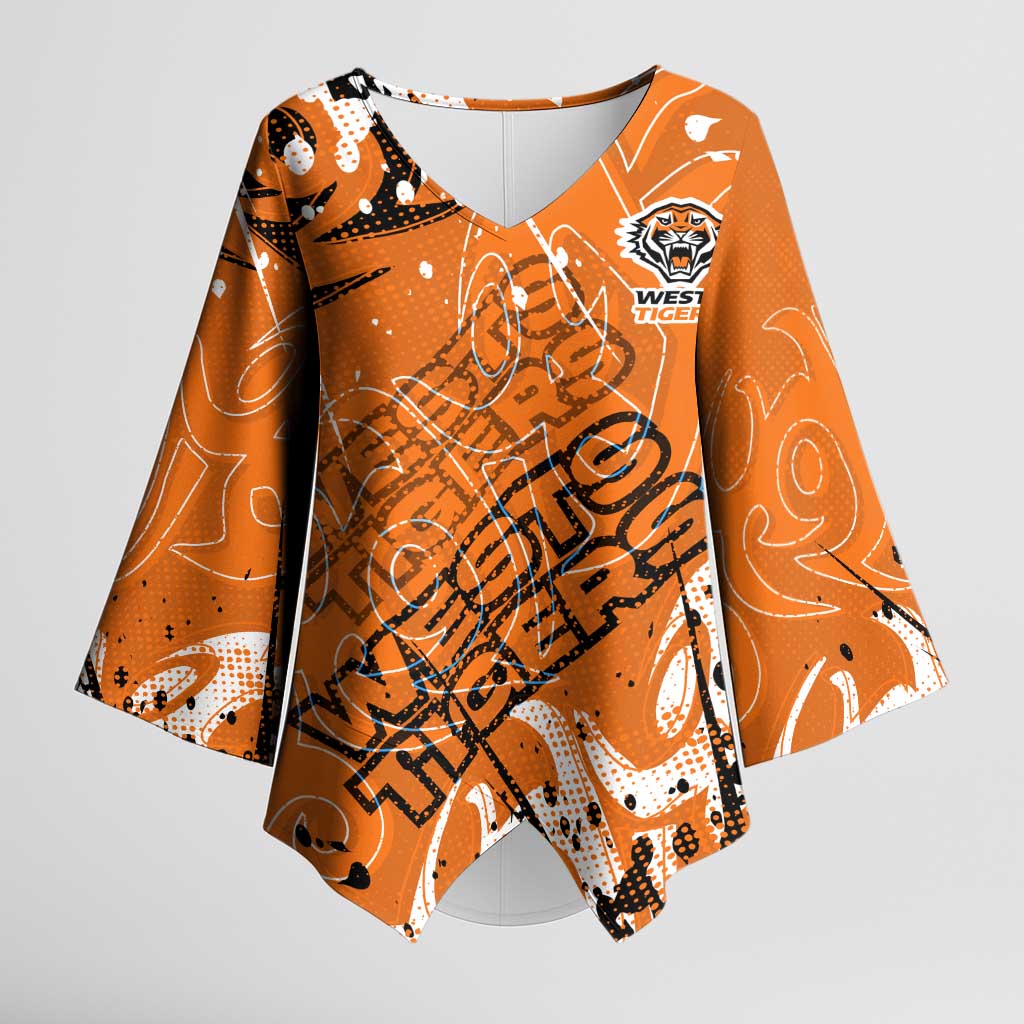 Personalized Wests Tigers Rugby Kimono Sleeve Blouse Urban Street Graffiti Style - Distressed Splatter Elements