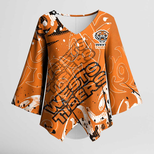 Personalized Wests Tigers Rugby Kimono Sleeve Blouse Urban Street Graffiti Style - Distressed Splatter Elements