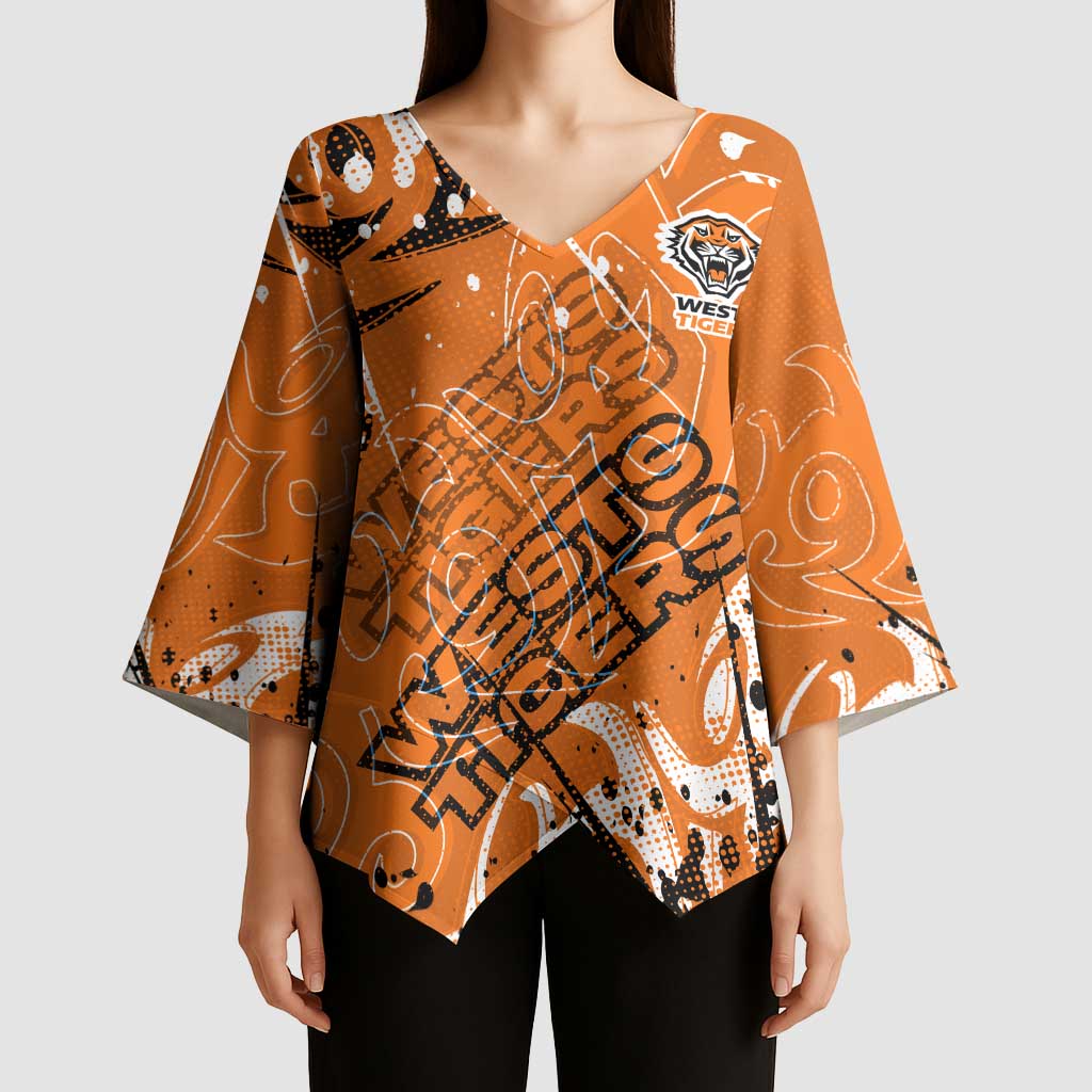 Personalized Wests Tigers Rugby Kimono Sleeve Blouse Urban Street Graffiti Style - Distressed Splatter Elements