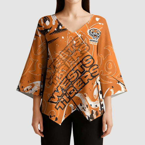 Personalized Wests Tigers Rugby Kimono Sleeve Blouse Urban Street Graffiti Style - Distressed Splatter Elements