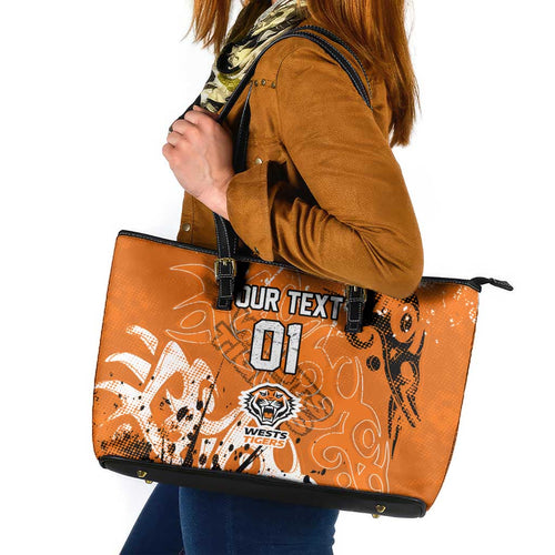 Personalized Wests Tigers Rugby Leather Tote Bag Urban Street Graffiti Style - Distressed Splatter Elements